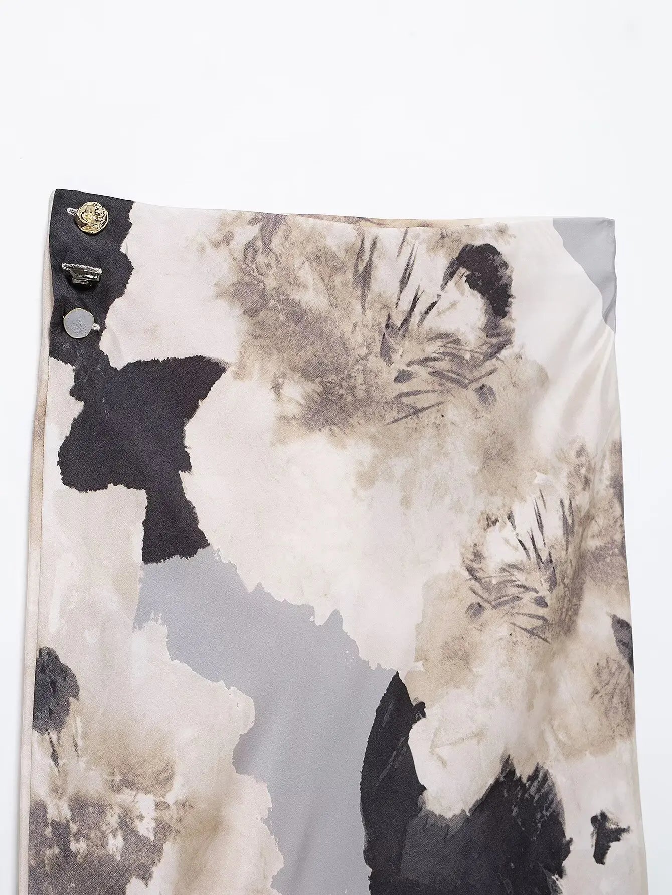 TRAFZA Women 2025 Spring Fashion Silk Satin Texture Long Sleeve Printed Shirt Button Midi Skirt Suit Female Printed Set