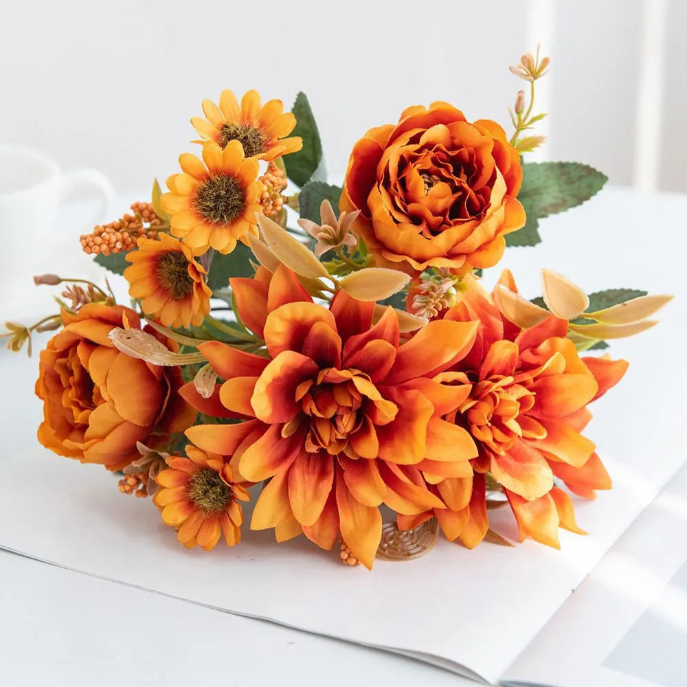 Hot sales Artificial Flowers Silk Dahlia Rose daisy Festival Home Wreath Decoration Bonsai Room Wedding Bridal Bouquet Diy gift