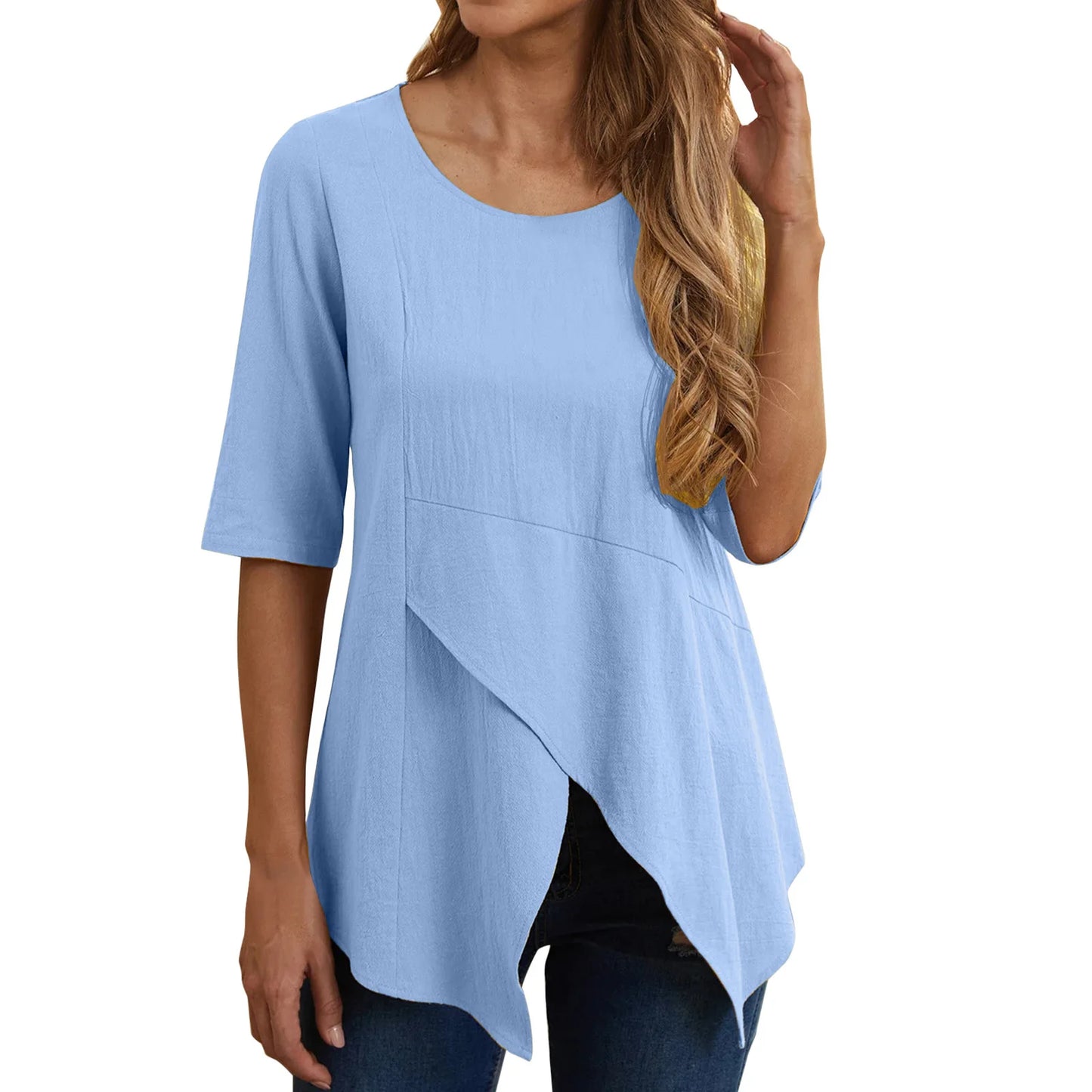 New women's clothing with fashionable temperament, casual commuting elegance, irregular slimming, mid sleeves, cotton and linen