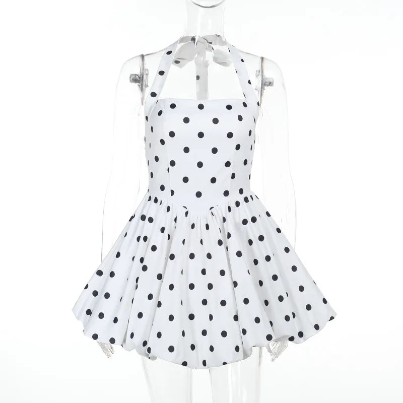 TARUXY Polka Dot Vacation Mini Dress For Women  High Waist A-line Ball Gown Dress Sleeveless Halter Neck Female Summer Fashion