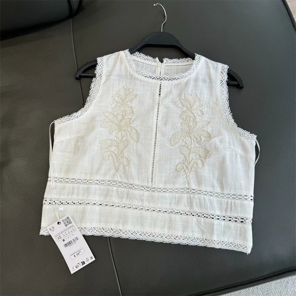Taop&Za round neck sleeveless embroidered short top summer new women's fashion casual high waisted embroidered skirt