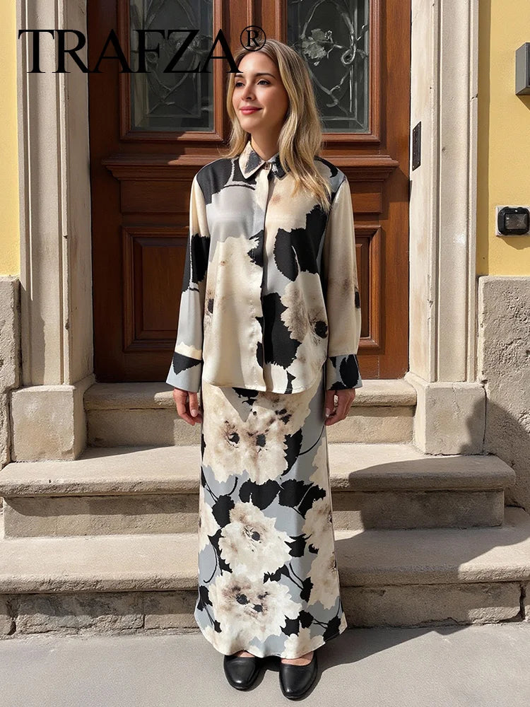 TRAFZA Women 2025 Spring Fashion Silk Satin Texture Long Sleeve Printed Shirt Button Midi Skirt Suit Female Printed Set