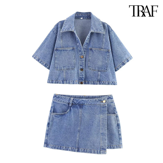 TRAF Women's Short Lapel Denim Shirt + Irregular Fashion Short Skirt Pants Vintage Casual Denim Suit Commuter High Street Suit