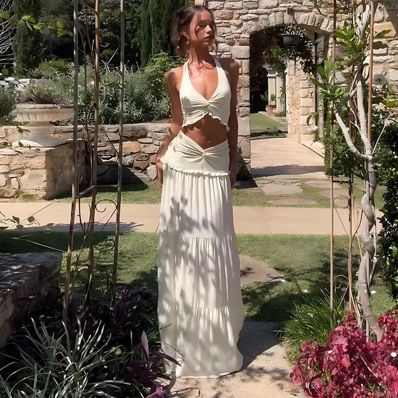 Cryptographic Elegant Two Piece Sets Sleeveless Frill Halter Twist Top Dress Sets Outfits Fashion Co-ord Sets Coquette Clothes