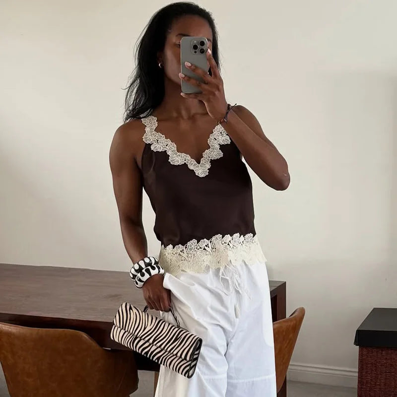 Lace Patchwork Vest Slit Skirts 2 Piece Set Woman V-Neck Sleeveless Sexy Tops Hollow Slim High Waist Skirt Fashion Out Suits