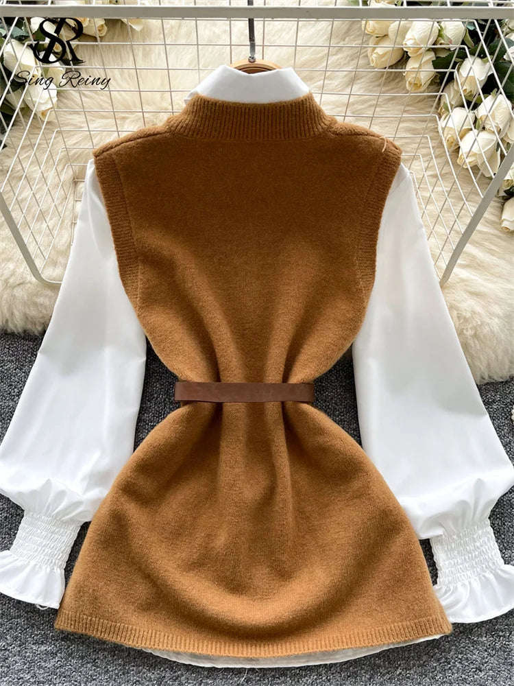 SINGREINY Korean Style Casual Tops Suits Lantern Sleeve Loose Shirt+Knitting Sweater Split Vest 2025 Women Autumn Basic Blouse
