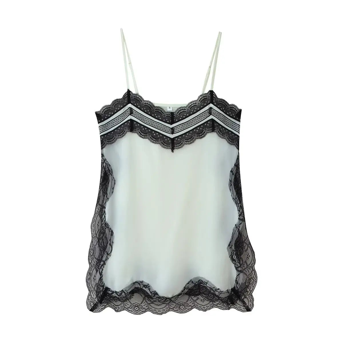 TRAFZA Female 2025 Summer Fashion V-neck Lace Spliced Split Sling Top Women Chic Sexy Backless Party Style Casual Camisole Top