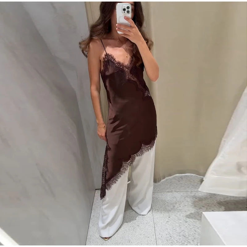 Sexy Sling Satin Dress Women V Neck Backless Patchwork Lace Vestidos Female 2025 Summer Chic Fashion Evening Party Dresses