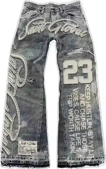 American Mens Womens Washed Denim Jackets and Jeans Two Piece Y2K Clothes Letter Patch Embroidery Rhinestone Casual Denim Suits