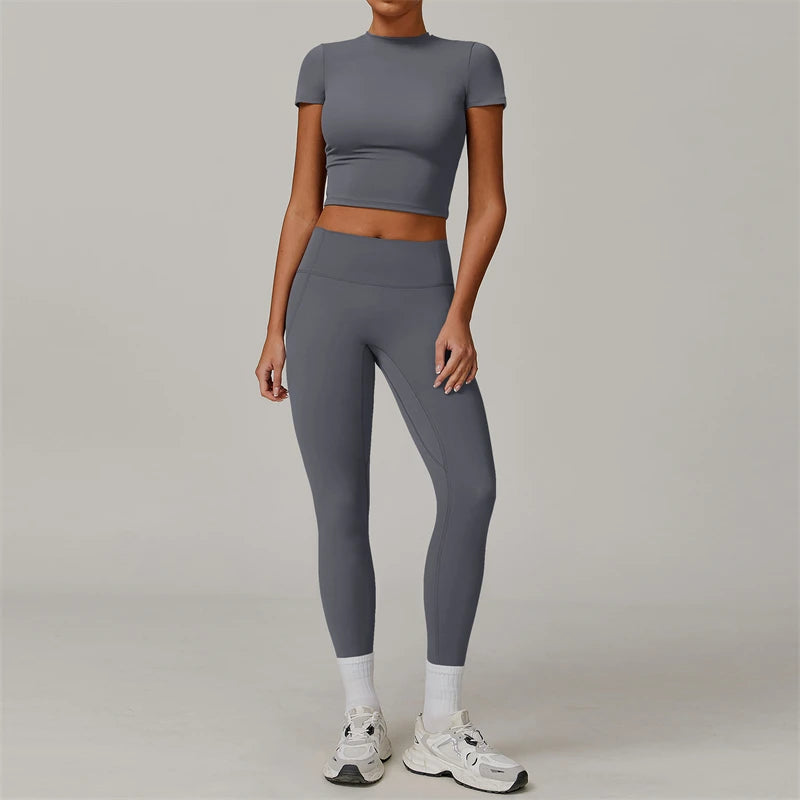 2 Pieces Women Yoga Set Workout Sportswear Gym Clothing Fitness Short Sleeve Crop Top High Waist Leggings Sport Suits