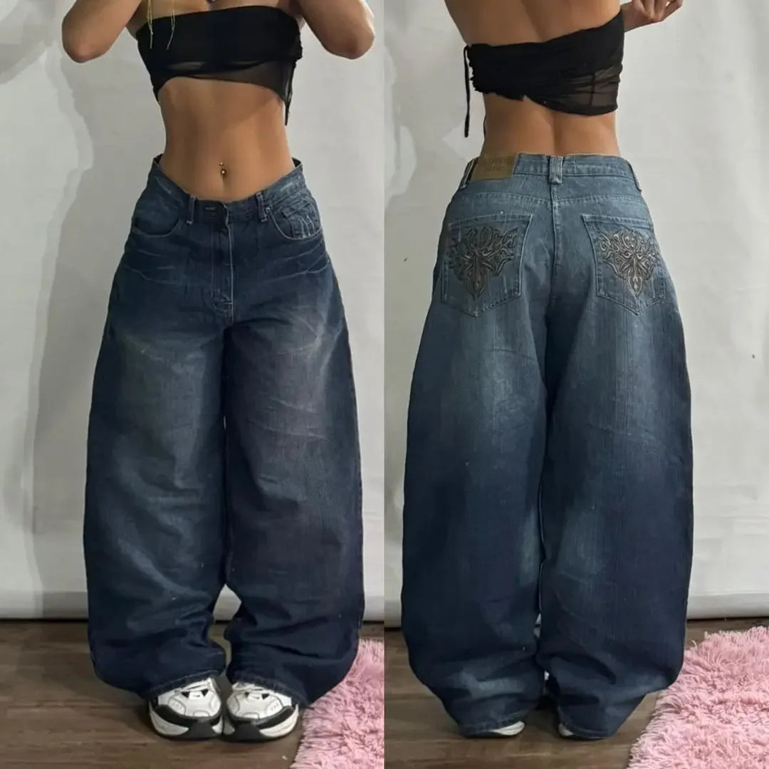 Y2K Hip-hop Stitching Fashion Joker Retro Jeans Female Korean Casual Simple Dress Essential Wide-leg Pants Loose  Joker Overalls