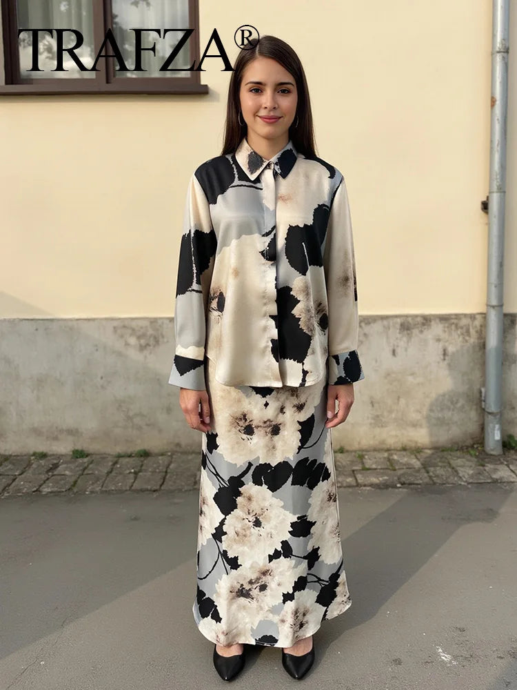 TRAFZA Women 2025 Spring Fashion Silk Satin Texture Long Sleeve Printed Shirt Button Midi Skirt Suit Female Printed Set
