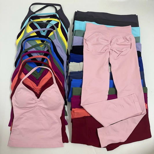 No Logo 2 Pieces Set Yoga Leggings Set Women Backless Tank Tops High Waist Scrunch Gym Suit Fitness Clothes Outfit Yoga Set
