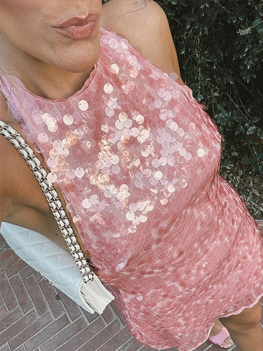 Halter Sequin Mini Dresses Sexy Sleeveless Backless Women Party Gown Fashion Solid Color Shiny Hanging Neck Beach Short Dresses