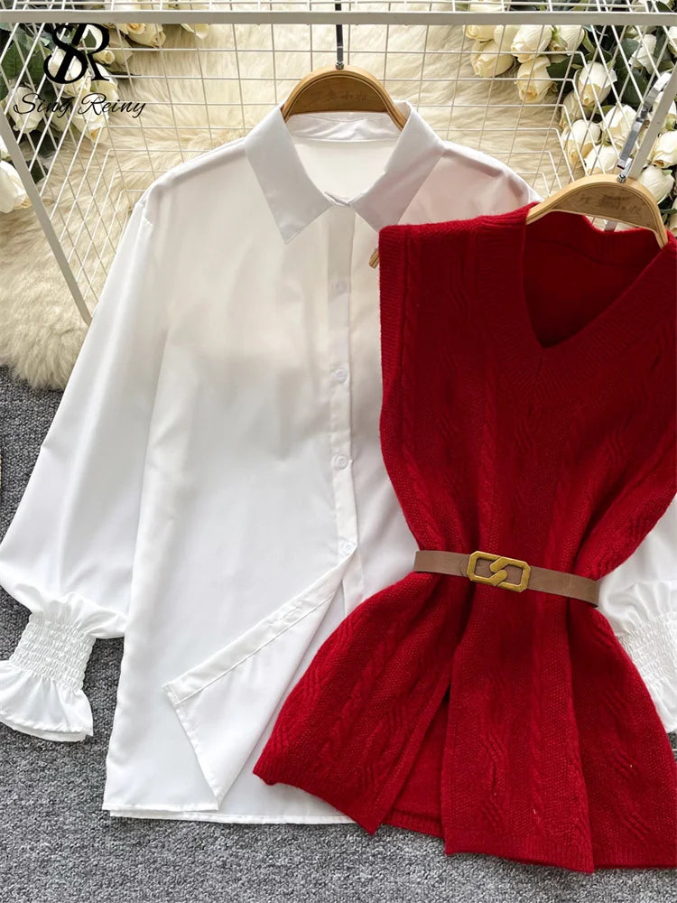 SINGREINY Korean Style Casual Tops Suits Lantern Sleeve Loose Shirt+Knitting Sweater Split Vest 2025 Women Autumn Basic Blouse