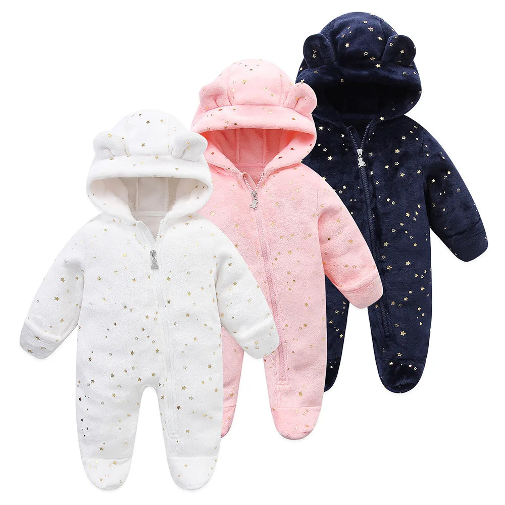 OLEKID 2025 Autumn Winter Newborn Baby overalls Plus Velvet Hooded Kids Baby Girl Rompers 0-1 Years Toddler Boy Jumpsuit Outfits