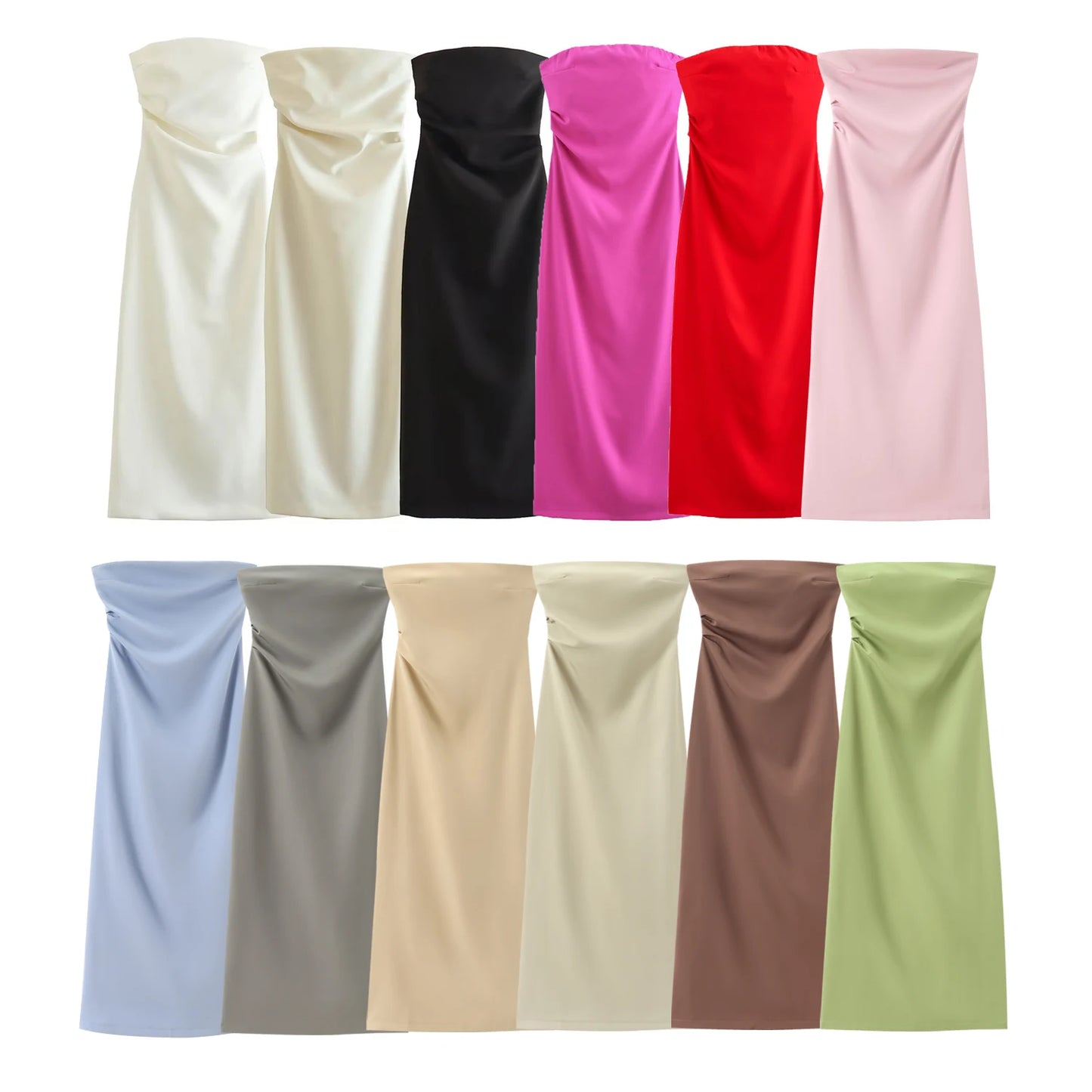 TRAF Women Fashion Summer New Sexy Split Back Zip Pleated Sleeveless Strapless Dress Chic Female French Elegant Evening