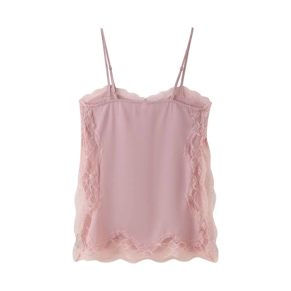 TRAFZA Female 2025 Summer Fashion V-neck Lace Spliced Split Sling Top Women Chic Sexy Backless Party Style Casual Camisole Top