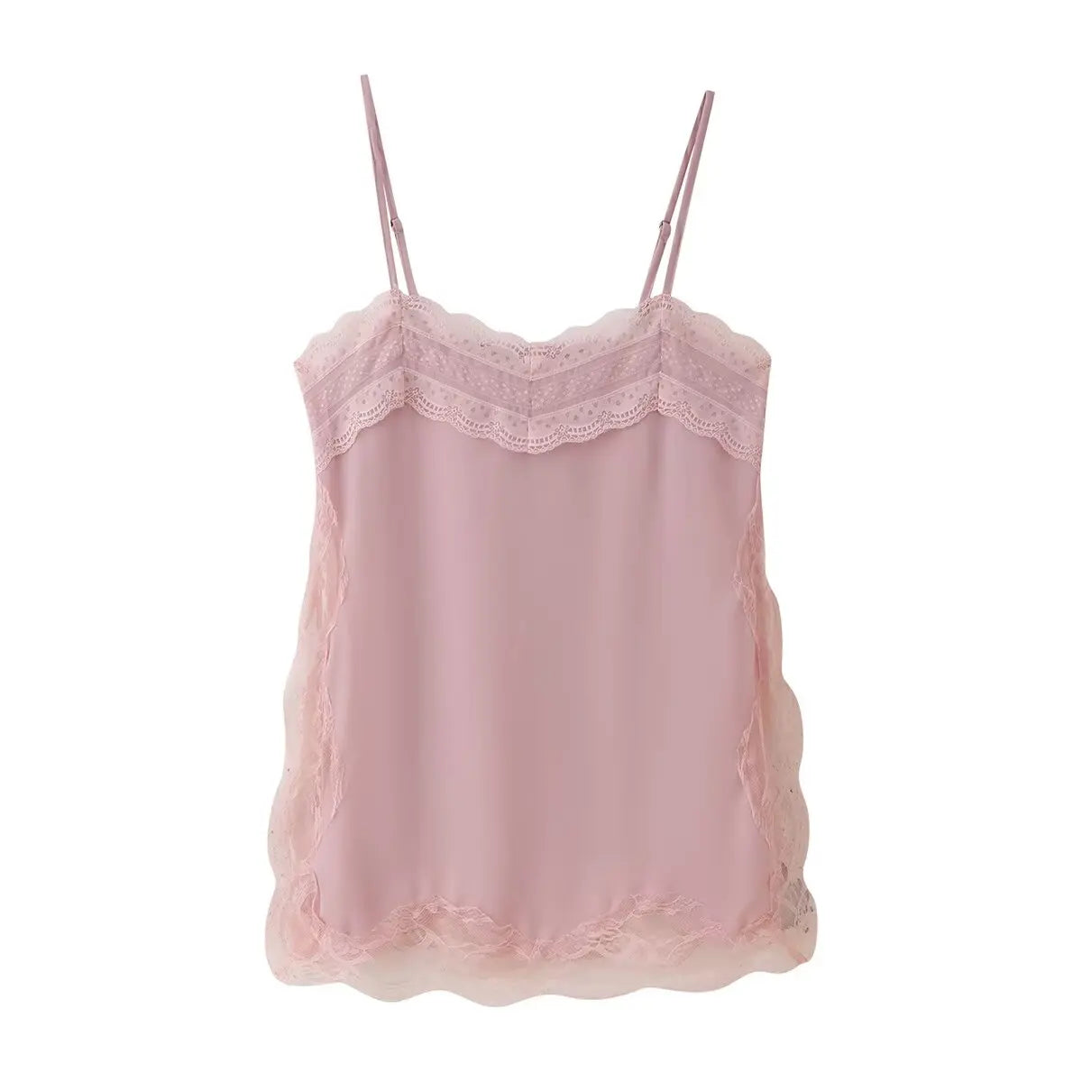 TRAFZA Female 2025 Summer Fashion V-neck Lace Spliced Split Sling Top Women Chic Sexy Backless Party Style Casual Camisole Top