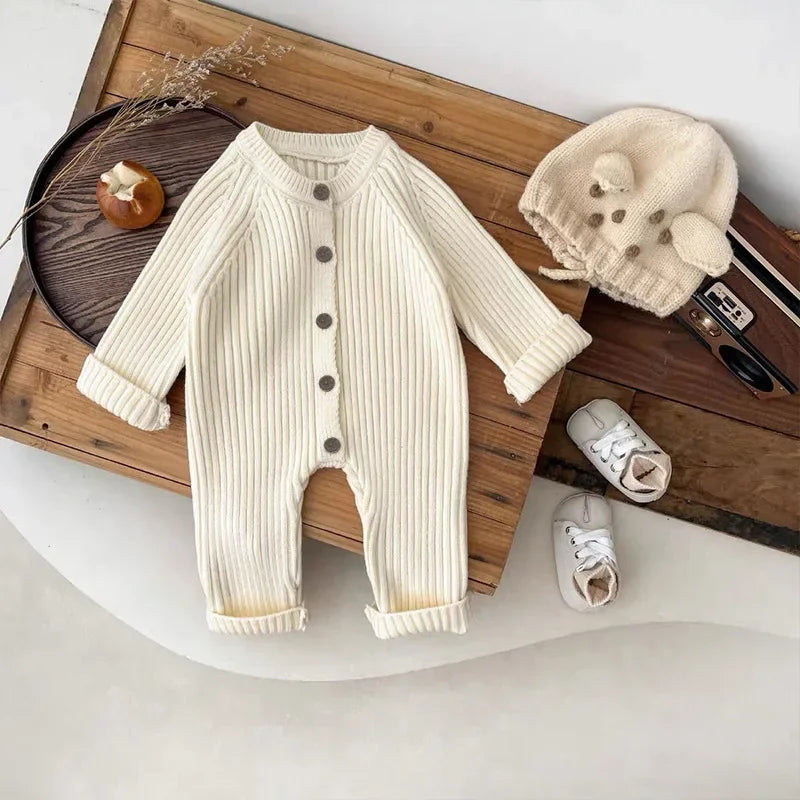 Toddler Baby Girl Boy Solid Color Knitted Romper 0-18M Baby Newborn Items Button Front Ribbed Long Sleeve Casual Autumn Jumpsuit