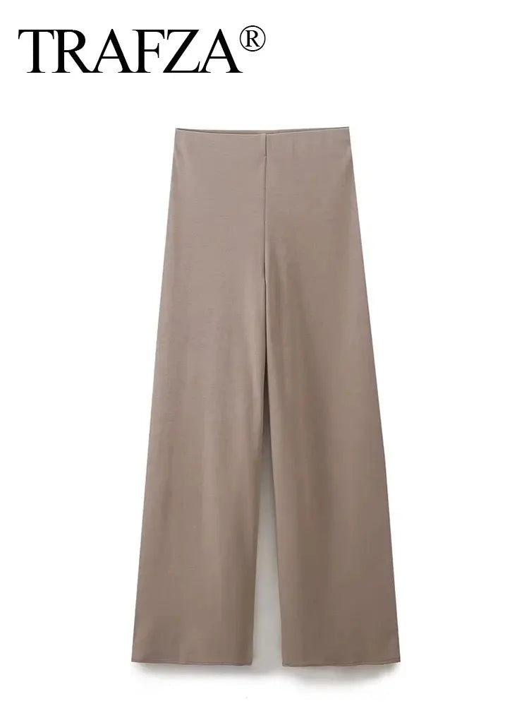 TRAFZA Women Fashion Vintage Solid Wide Leg Pants Elastic Waist Loose Casual Trousers For Woman 2024 Basic Pant