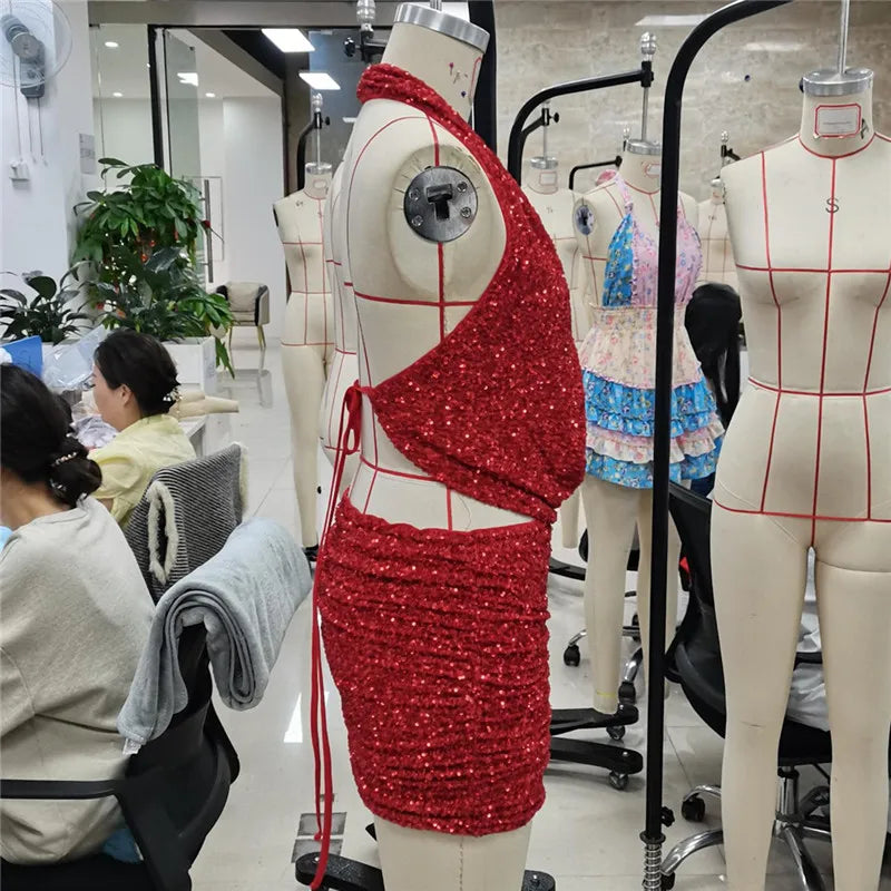 Sexy Sequin Skirts Sets Women Slim Halter Neck Backless Sleeveless Tops Mini Skirt Female 2025 Summer Fashion Beach Lady Sets