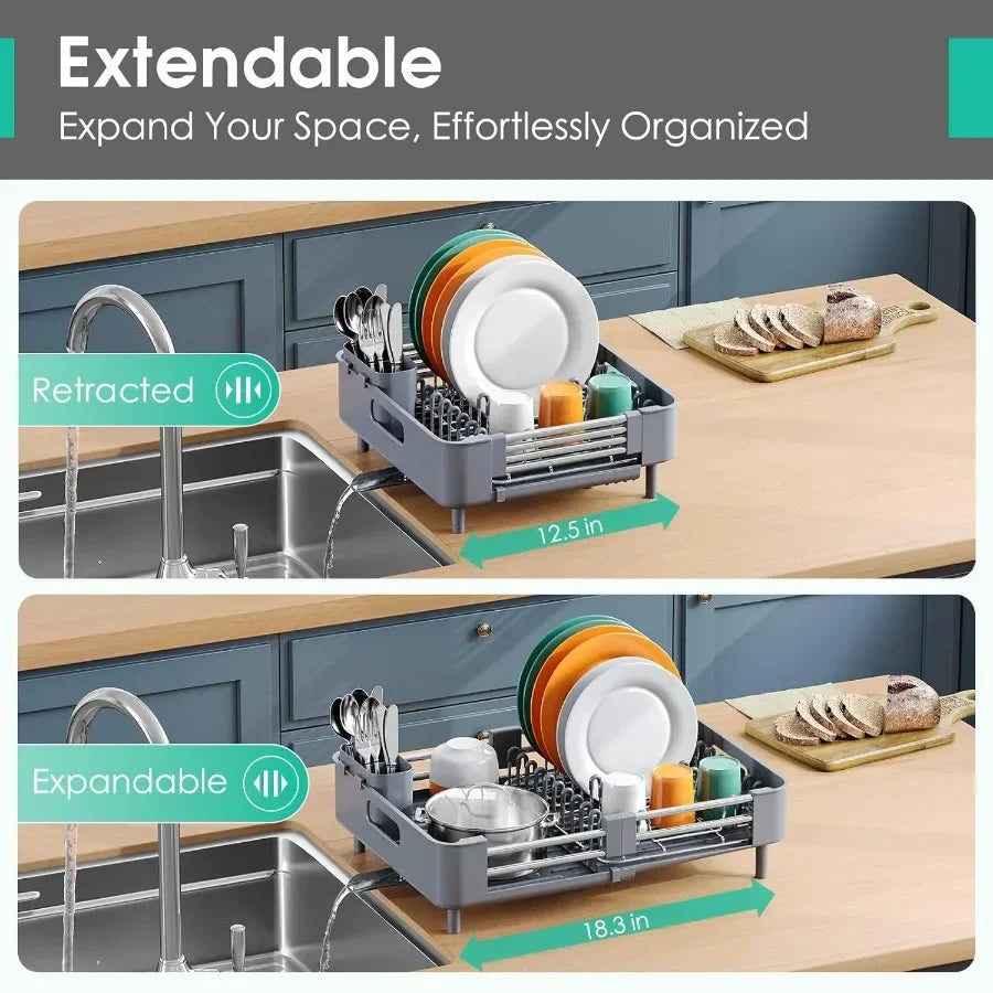 Dish Drying Rack for Kitchen Counter Extendable Dish Rack with Drainboard Expandable Dish Drainer Collapsible Dish Strainer wit