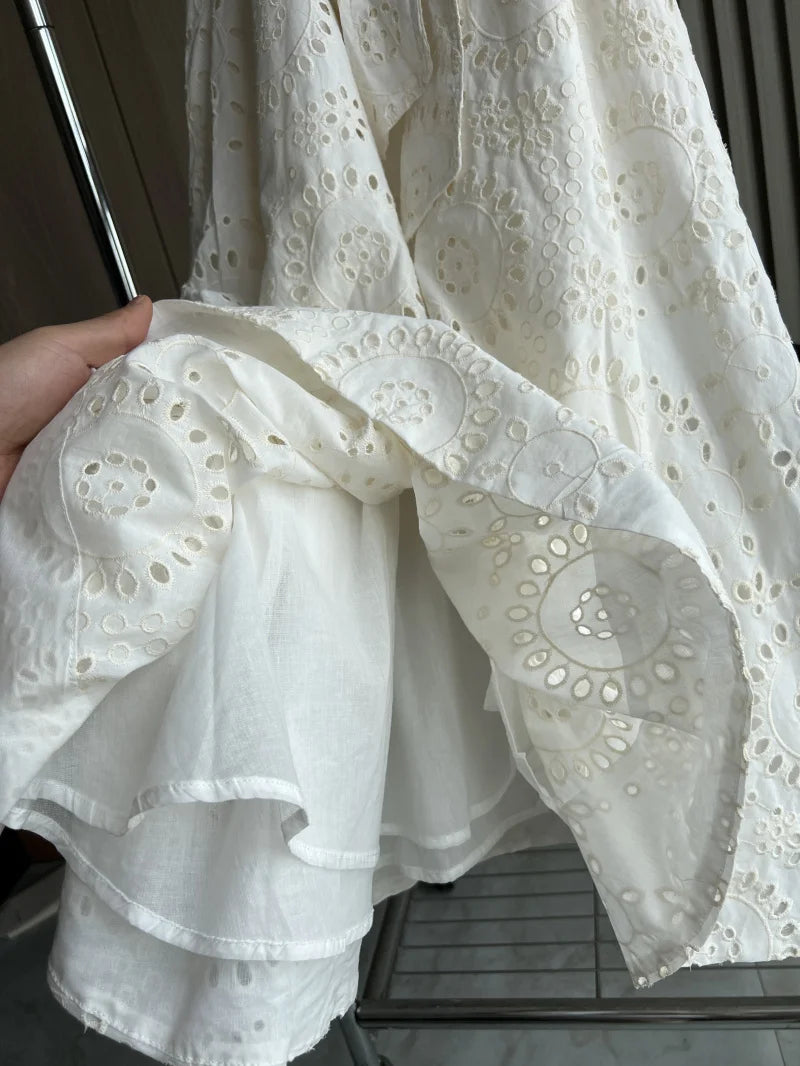 ETJ 2025 new TRAF women's elegant fashion hollow embroidery cotton shirt lapel short-sleeved dress temperament long skirt