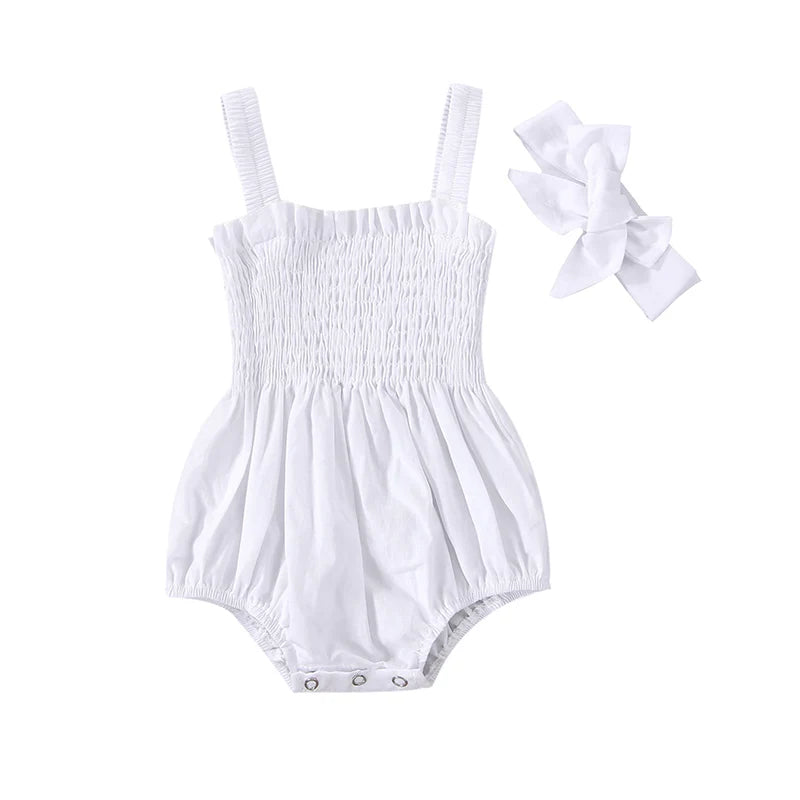 Infant Baby Girl Romper Clothes Ruched Casual Sleeveless Newborn Bodysuit with Headband Summer Jumpsuit Cute Toddler Outfit Suit