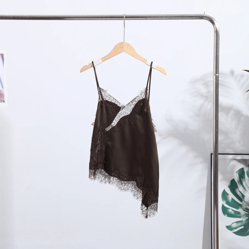 Sexy Lace Sling Tops Women Loose V Neck Sleeveless Backless See Through Top Female 2025 Summer Fashion Chic Solid Streetwears