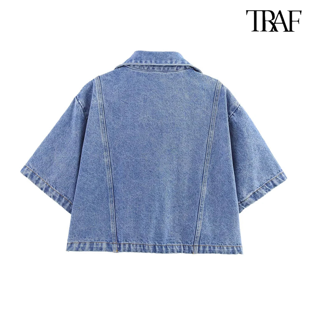 TRAF Women's Short Lapel Denim Shirt + Irregular Fashion Short Skirt Pants Vintage Casual Denim Suit Commuter High Street Suit