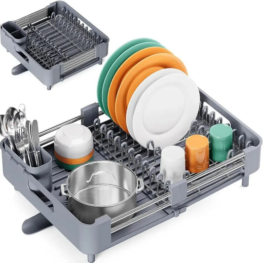 Dish Drying Rack for Kitchen Counter Extendable Dish Rack with Drainboard Expandable Dish Drainer Collapsible Dish Strainer wit