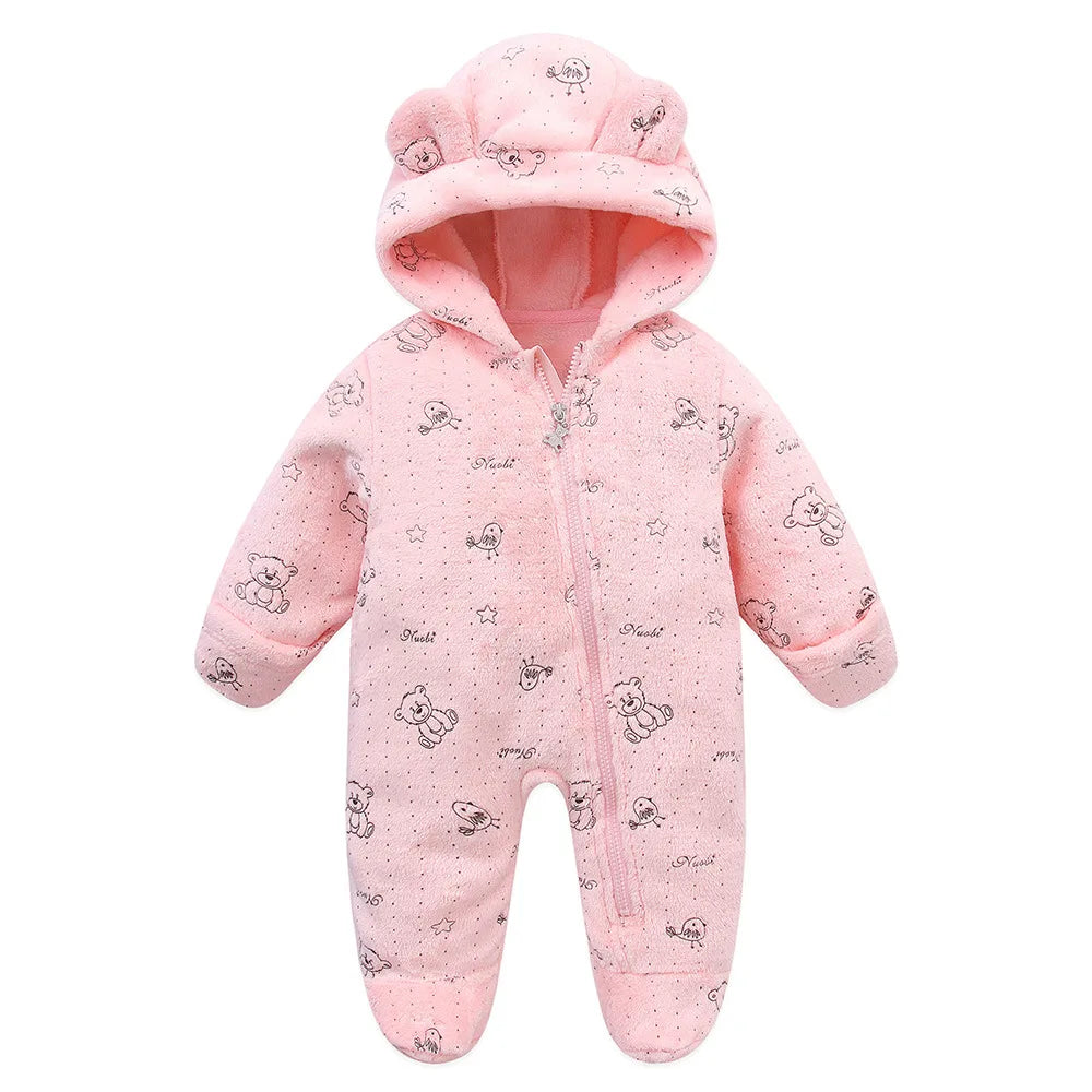 OLEKID 2025 Autumn Winter Newborn Baby overalls Plus Velvet Hooded Kids Baby Girl Rompers 0-1 Years Toddler Boy Jumpsuit Outfits