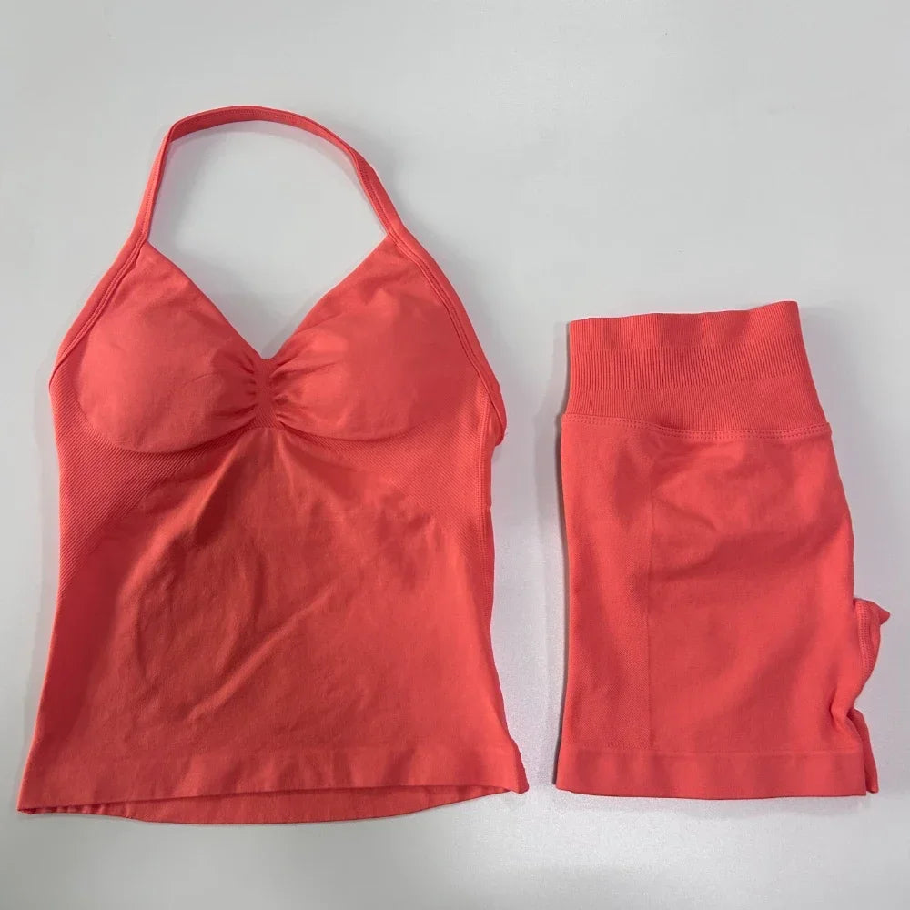 2 sets of sportswear, peach-bottomed shorts set, drawstring top, seamless impact tight shorts, yoga outfit, fitness set