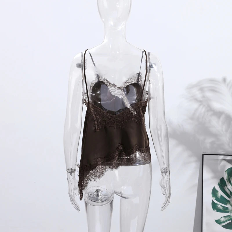 Sexy Lace Sling Tops Women Loose V Neck Sleeveless Backless See Through Top Female 2025 Summer Fashion Chic Solid Streetwears