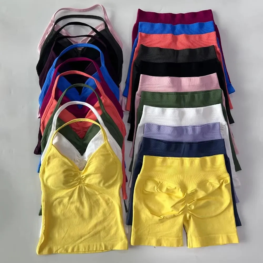 2 sets of sportswear, peach-bottomed shorts set, drawstring top, seamless impact tight shorts, yoga outfit, fitness set