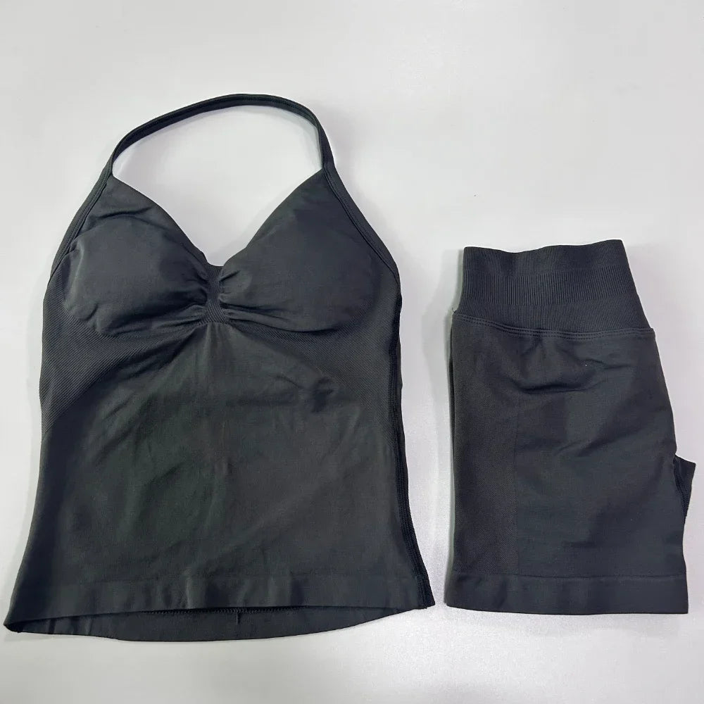 2 sets of sportswear, peach-bottomed shorts set, drawstring top, seamless impact tight shorts, yoga outfit, fitness set