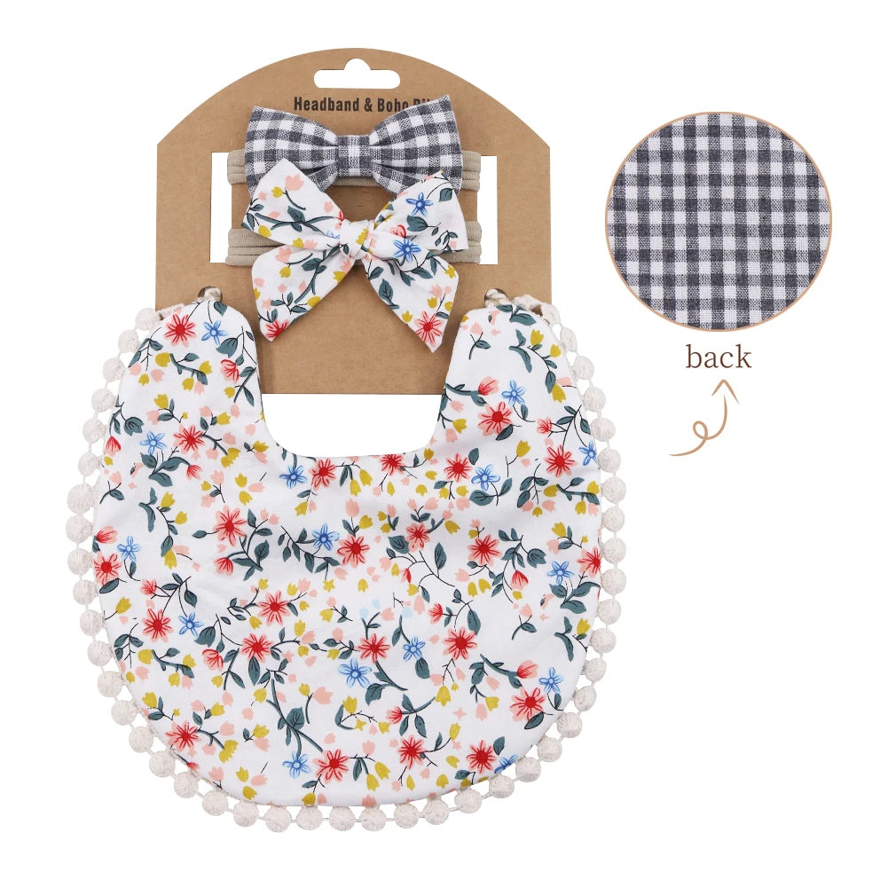 3Pcs/Set Flower Print Cotton Linen Baby Boy Girl Bibs Elastic Nylon Headband Double-Deck Saliva Towel Feeding Bandana Apron Burp