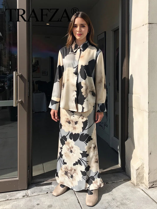 TRAFZA Women 2025 Spring Fashion Silk Satin Texture Long Sleeve Printed Shirt Button Midi Skirt Suit Female Printed Set