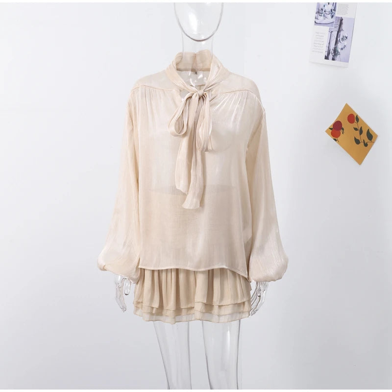 Bow Lace Up Top Pleated Short Skirt Two Piece Sets Casual Fashion Shirt Glitter Blouse High Waist Half Skirts Women's Clothing