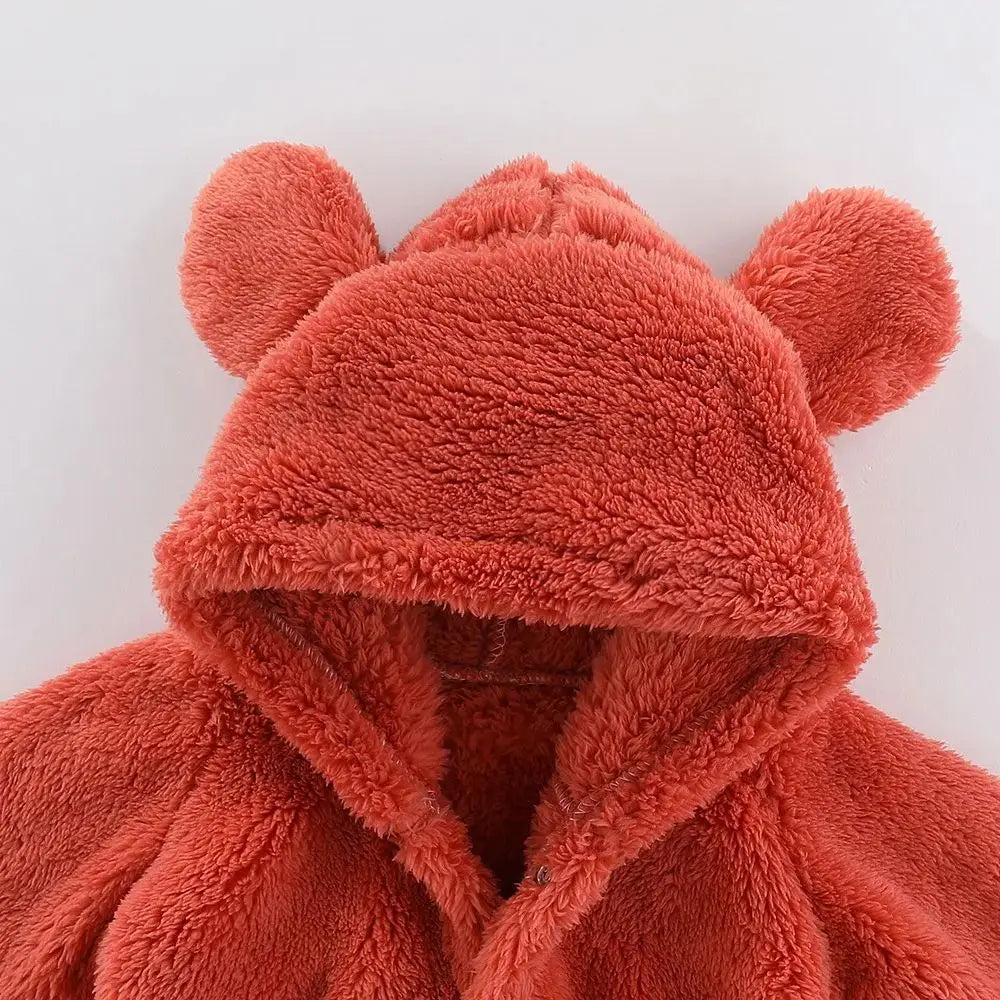 2025 Winter 0-12M Newborn Baby Girls Boys Warm Fleece Bear Ear Romper Jumpsuit Thick Cozy Multi-Color Infant Hooded Jumpsuit