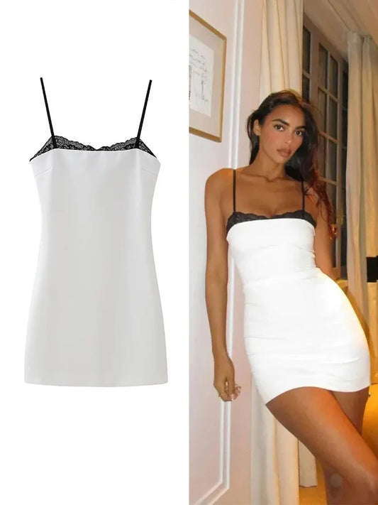 TRAFZA Women Sexy Lace Splicing Dress Fashion Slim Strapless Spaghetti Straps Mini Dresses Evening Party Sexy Short Dresses