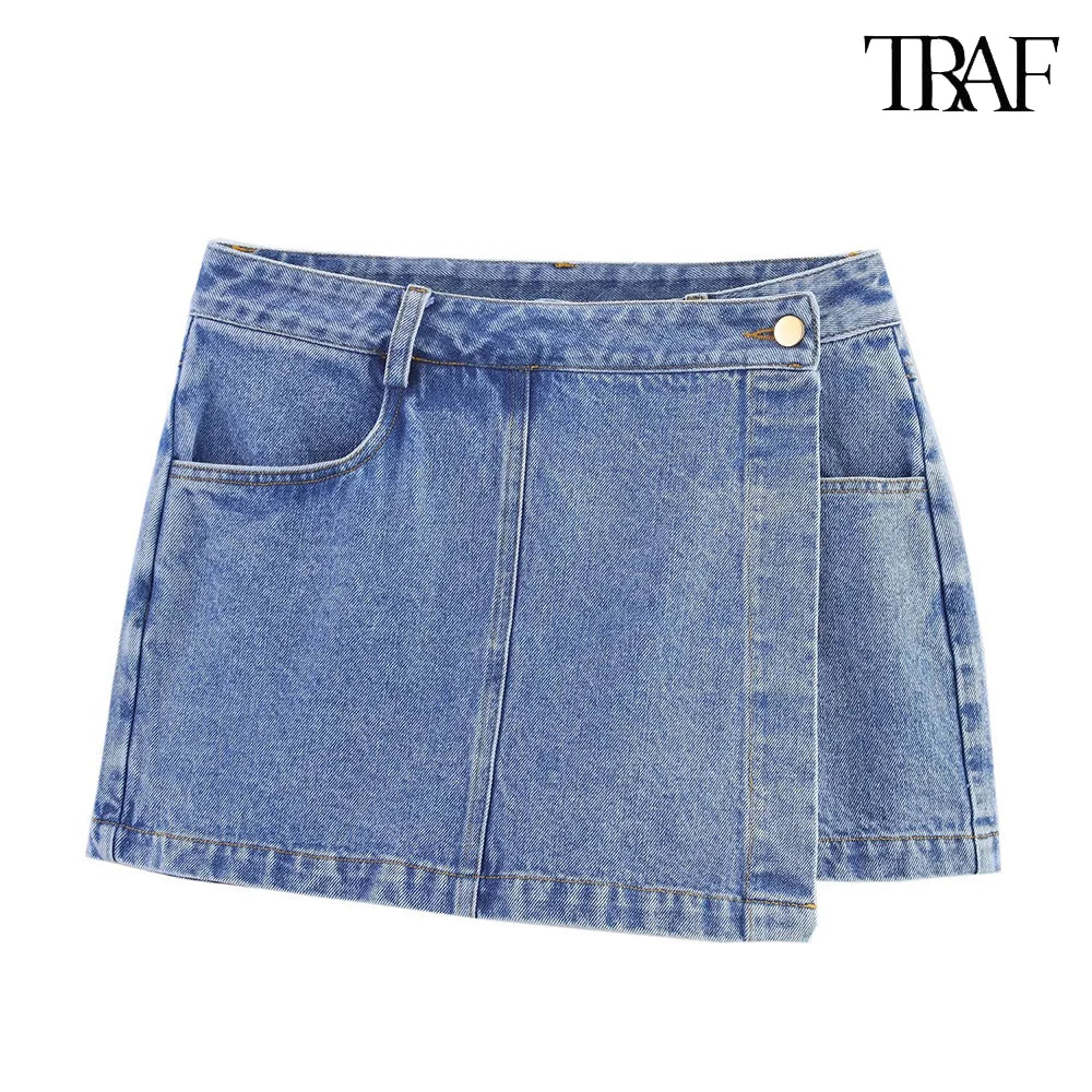 TRAF Women's Short Lapel Denim Shirt + Irregular Fashion Short Skirt Pants Vintage Casual Denim Suit Commuter High Street Suit