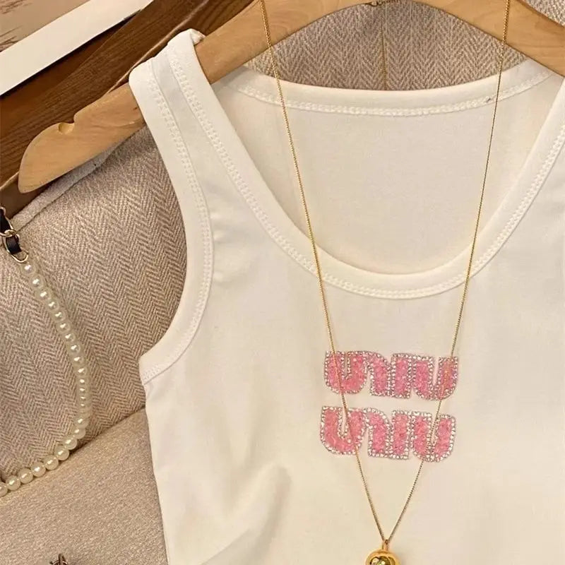 Women Summer Fashion Letter Diamonds Solid Color Slim Knitting Tank Top Ladies Simplicity Office Lady All-match Sleeveless Tops