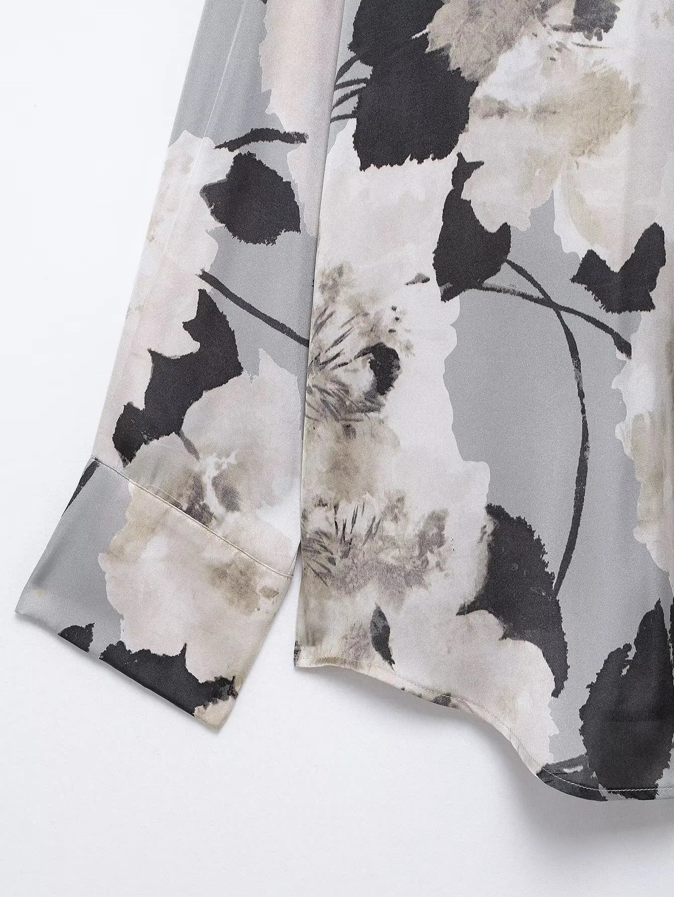 TRAFZA Women 2025 Spring Fashion Silk Satin Texture Long Sleeve Printed Shirt Button Midi Skirt Suit Female Printed Set