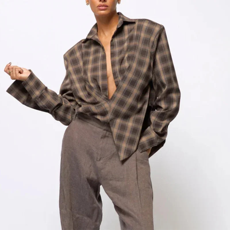 Vintage Plaid V-neck Shirts Women Sexy Patchwork Full Sleeve Loose Pleated Blouse Female 2025 Fashion Autumn Lady Outwears