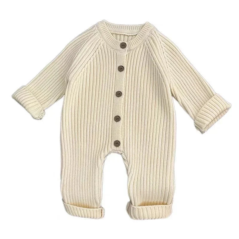 Toddler Baby Girl Boy Solid Color Knitted Romper 0-18M Baby Newborn Items Button Front Ribbed Long Sleeve Casual Autumn Jumpsuit
