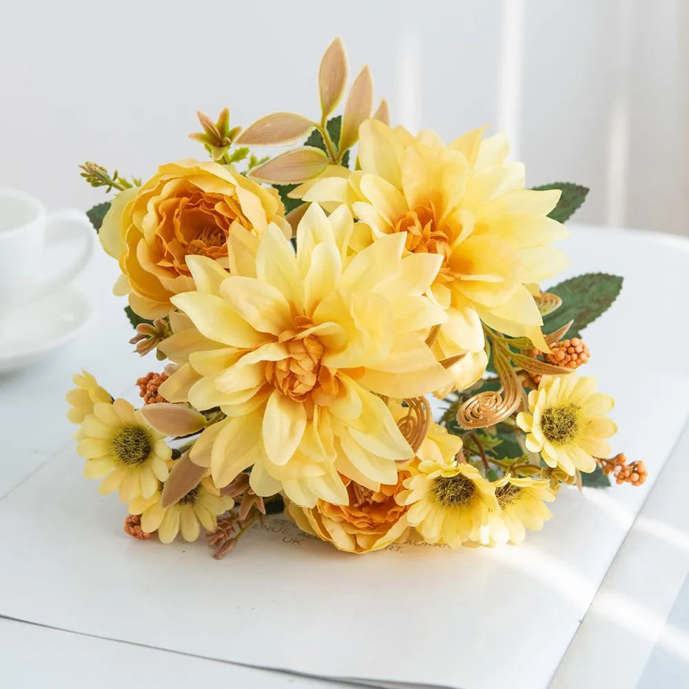 Hot sales Artificial Flowers Silk Dahlia Rose daisy Festival Home Wreath Decoration Bonsai Room Wedding Bridal Bouquet Diy gift