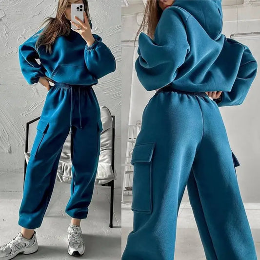 2025 Autumn/Winter Solid Color Women's Sports Suit New Fashion Sports Casual Pocket Decorated Sweatshirt Two-piece Suit