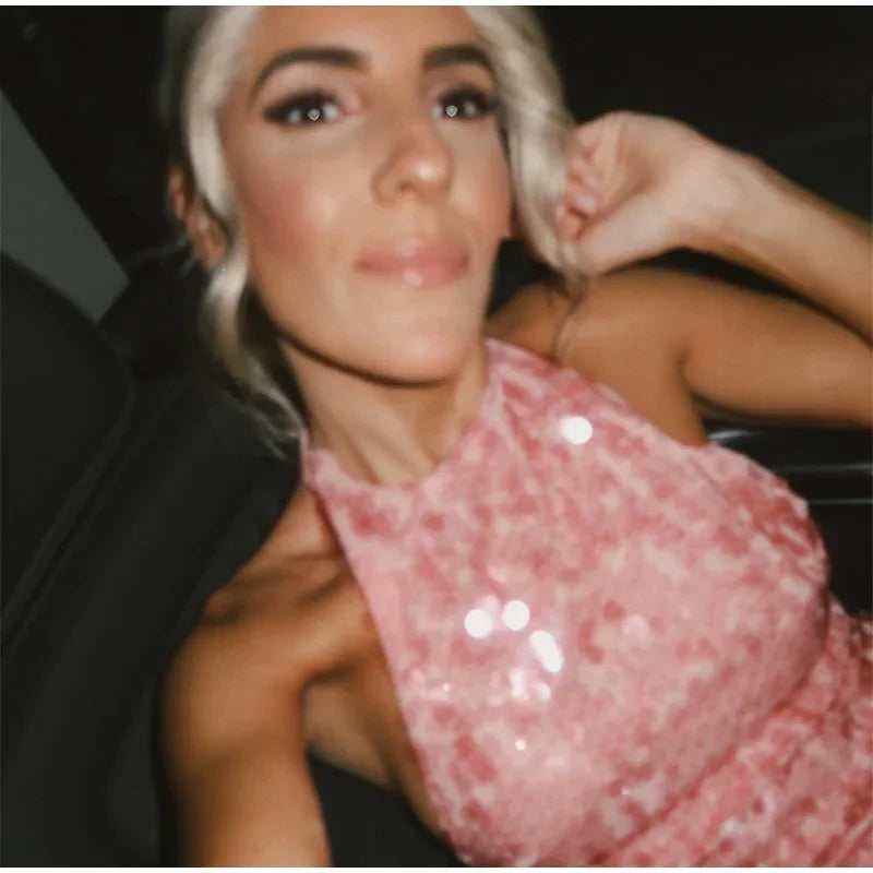 Halter Sequin Mini Dresses Sexy Sleeveless Backless Women Party Gown Fashion Solid Color Shiny Hanging Neck Beach Short Dresses